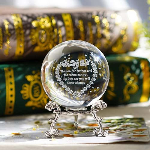 H&D HYALINE & DORA Bola de cristal grabada en 3D con forma de corazón y pisapapeles con soporte, regalo de cumpleaños para el día de Vanlentine para