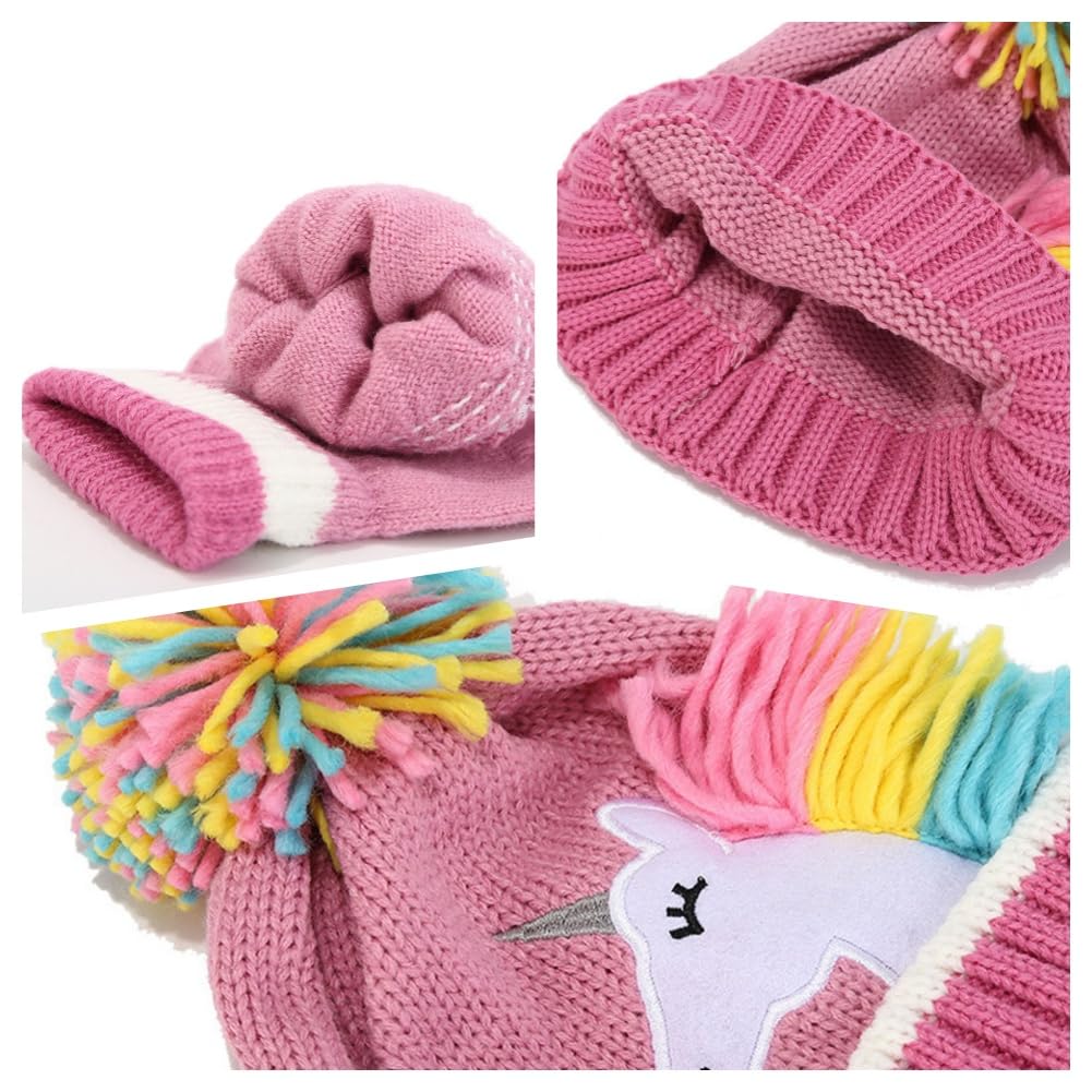Conjunto de gorro de invierno para niños, bufanda y guantes, gorro de punto cálido con patrón de unicornio y calentador de cuello para niños de 3 a 6 años, paquete de accesorios de invierno