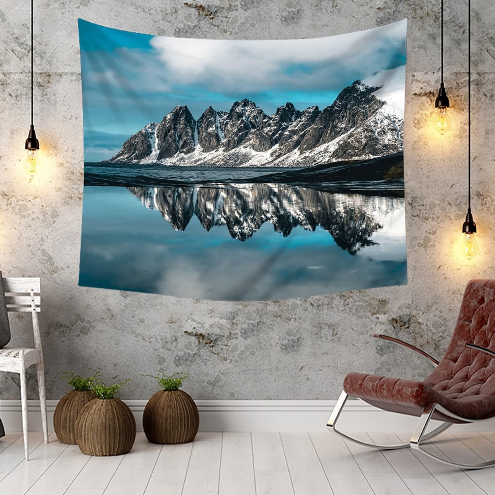 Tapiz de pared gris, azul y verde, poliéster para colgar en la pared, diseño natural de mar y montaña, para salón, dormitorio, decoración de pared, 260 x 240 cm