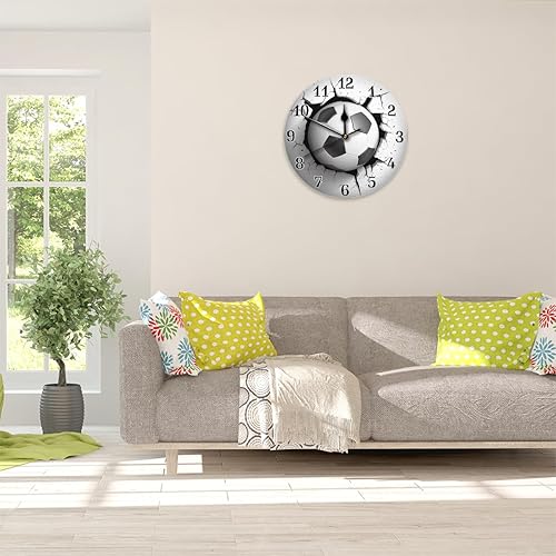 Miniatura 6 de AUUXVA Reloj de pared acrílico redondo con estampado de balón de fútbol deportivo, pintura artística silenciosa sin tictac para niños, dormitorio,