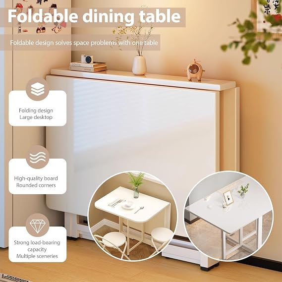 Drop Leaf Table for 2-6, Folding Foldable Dining Table for Small Spaces, Space Saving, 3 Forms, Dining Table for Kitchen, Living Room, Office, Easy to Install
