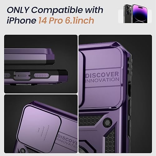 Miniatura 7 de Goton Funda para iPhone 14 Pro con protector de pantalla, funda deslizante para cámara con soporte de anillo, resistente grado militar, a prueba de