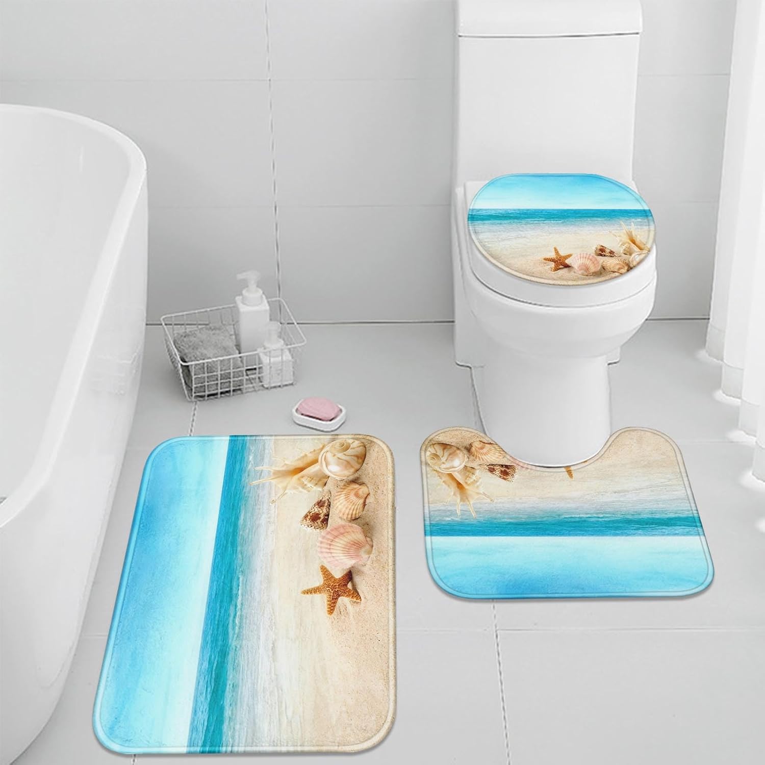 Britimes Beach Seashell Ocean Bathroom Rug Set of 3, 3 Pieces Bath Mats Set, Summer Non-Slip Washable Cover Floor Rug Decorations for Kitchen Bathroom Bedroom