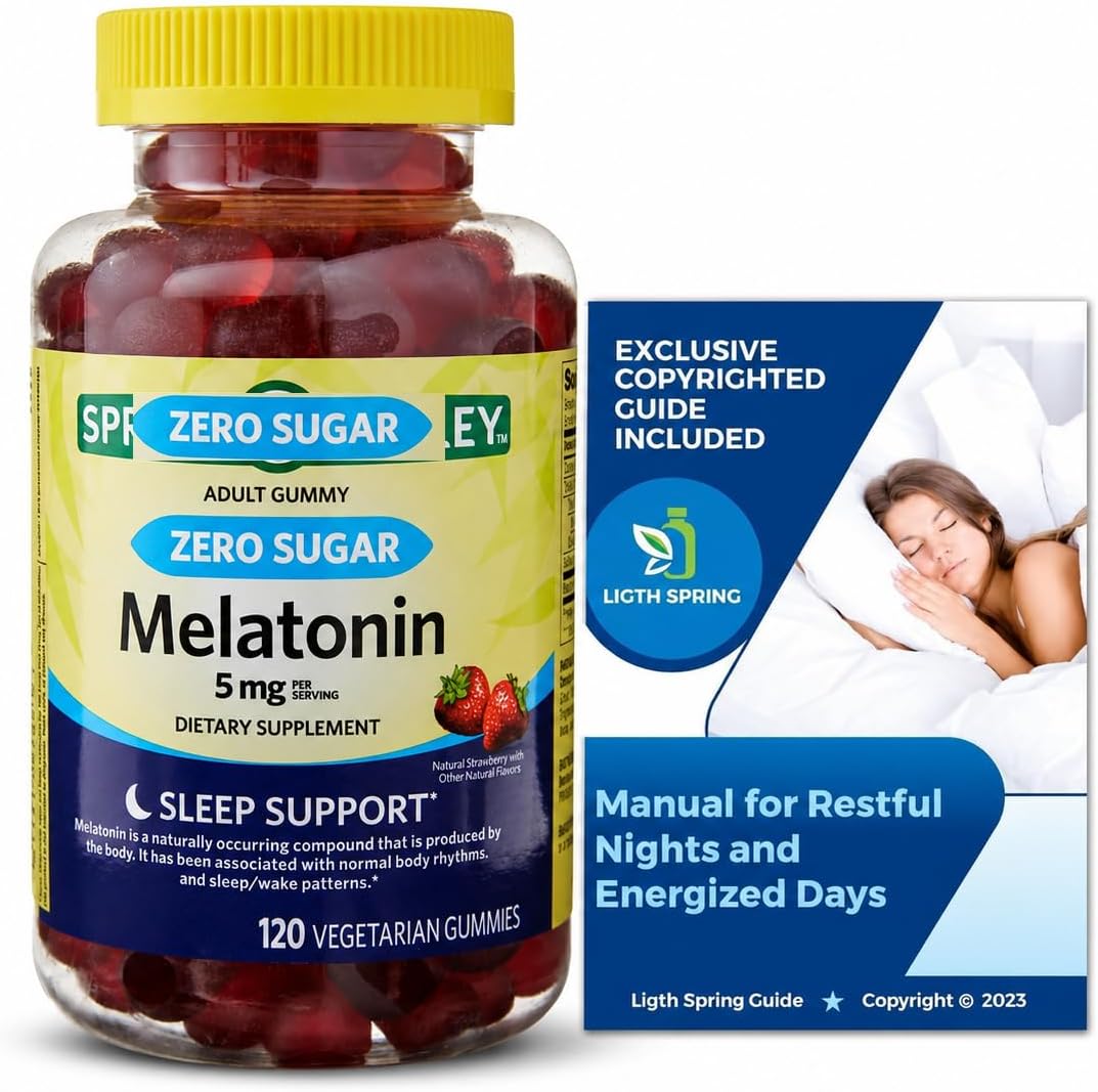 Spring Zero Sugar Melatonin 5 MG, 120 Gummies Sleep Support Bundle with Exclusive Manual for Restful Nights and Energized Days - Better Ligth&Spring Guide