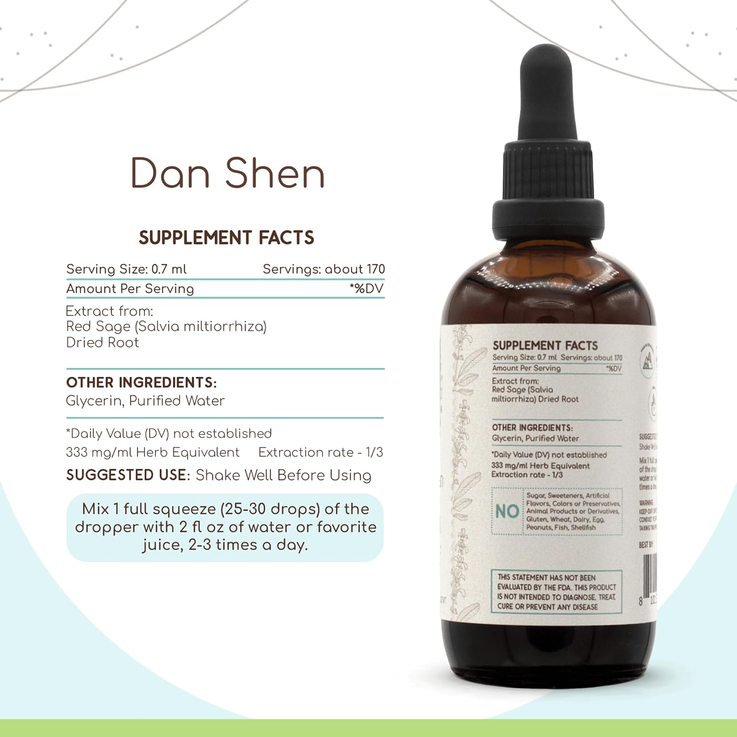 Dan Shen B120 Alcohol-Free Herbal Extract Tincture, Concentrated Liquid Drops Natural Red Sage (Danshen, Salvia Miltiorrhiza) Dried Root (4 fl oz) - Image 3