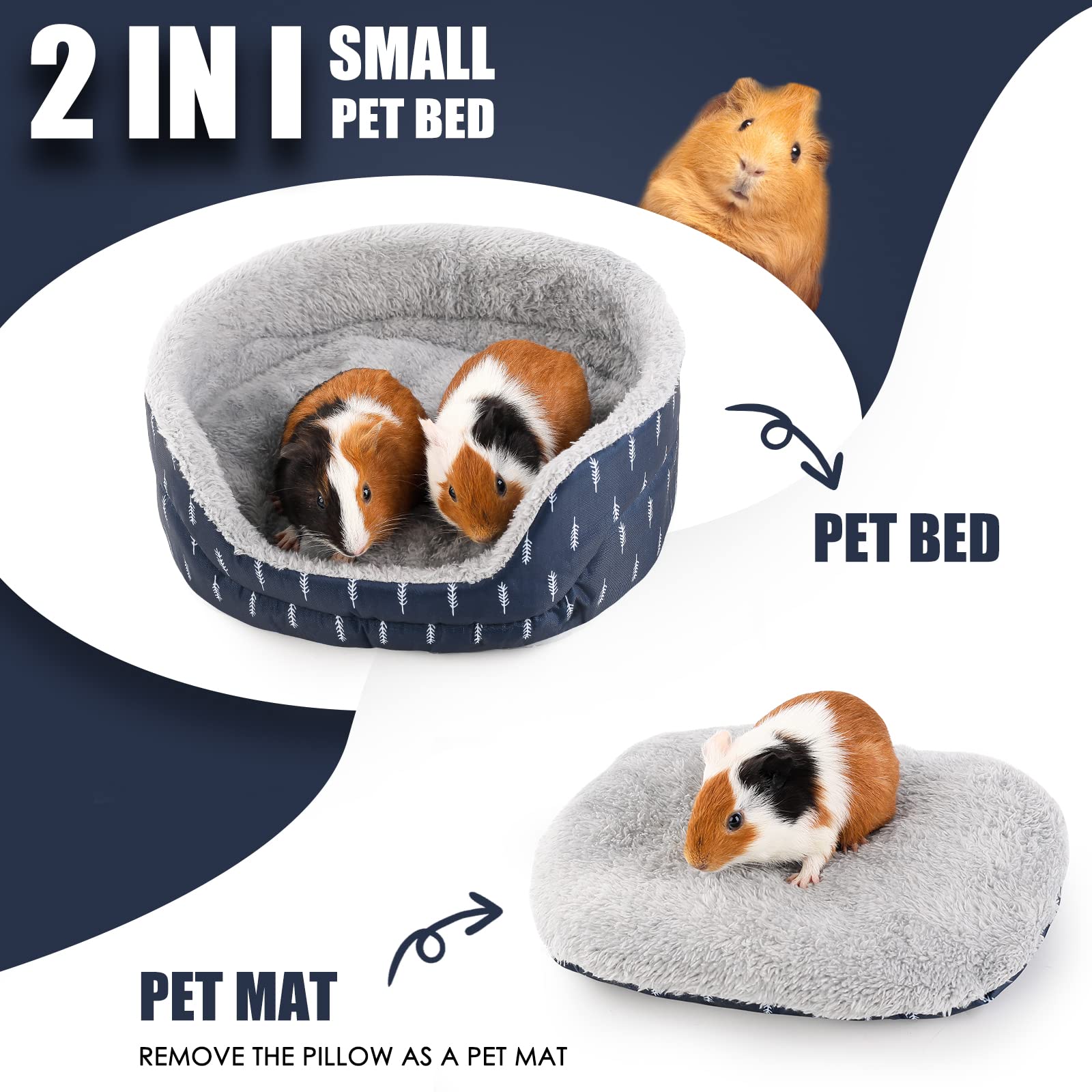 ONEJU Guinea Pig Bed, Oval Cuddler, Removable Pad, Polyester, Ideal for Small Pets Cuddle Cup Shape, Dark Blue, Leaf Pattern - Image 2
