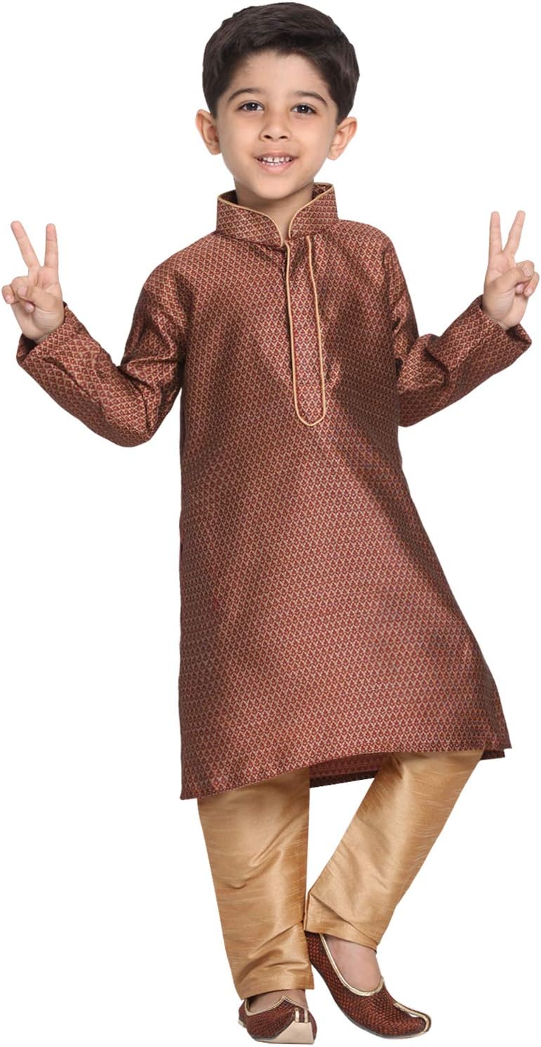 JBN CreationBoys' Full Sleeve Silk Blend Kurta Pyjama Set with Mandarin Collar, Featuring Ethnic Motifs, Self-Design, and Embellishments - Perfect for Festivals and Special Occasions