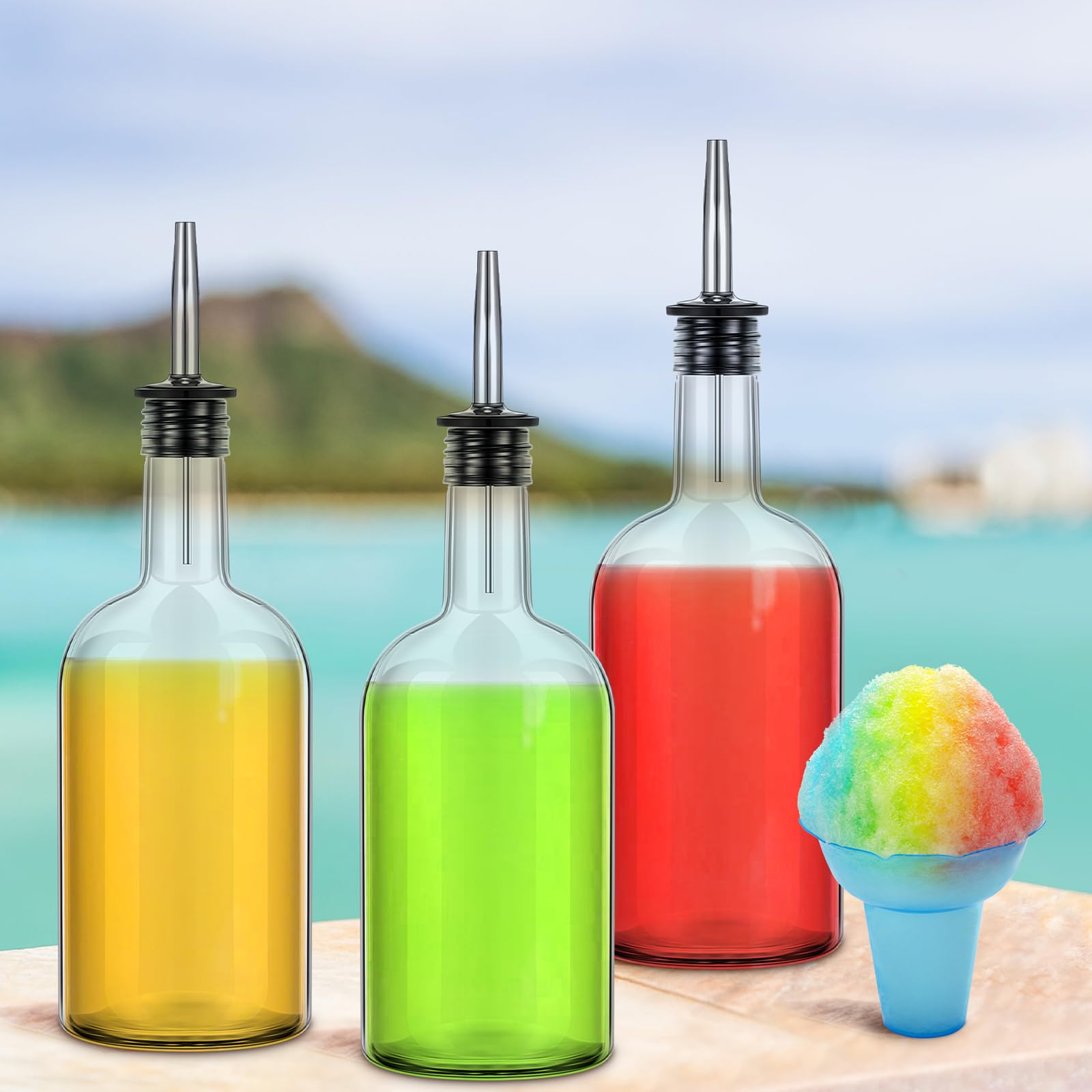 4 botellas de vidrio de cuello largo de 17 onzas para verter botellas de licor, botella de jarabe de jugo de barra con vertedor y tapas, vertedor con boquilla cónica para licor, vino, jugo de 5