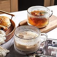 Vista 4 de OhMill Vintage Coffee Mugs Embossed Clear Glass Cups 14 Oz Tea Cups with Handles Latte Cappuccino Espresso Coffee Beverage Hot/Cold Gifts for