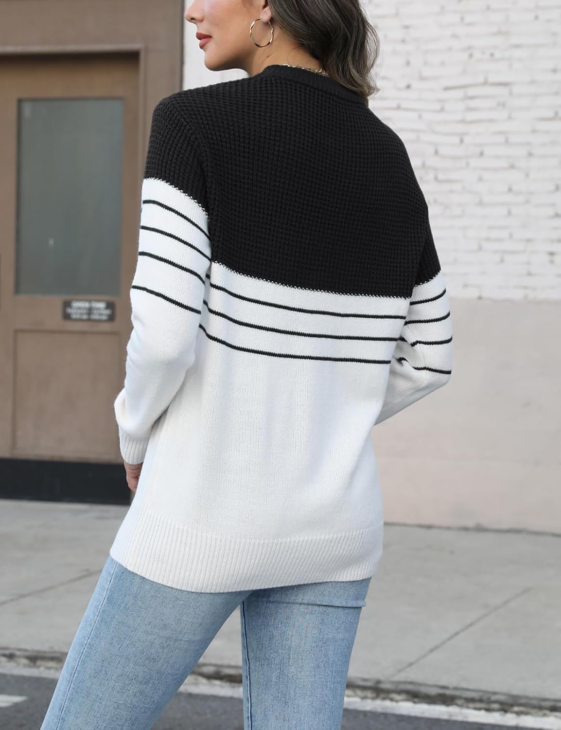 CiCiBird Women’s Fall 2025 Color Block Sweater Striped Long Sleeve Knit Pullover Tops Loose Crew Neck Sweaters - Image 2