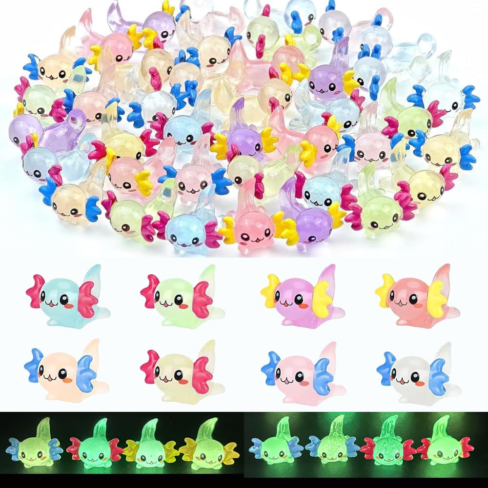 Huorv Multi-Colored 24Pcs 8 Colors Glow In The Dark Mini Resin Axolotl Figures,Miniature Landscape Aquarium Decor,Desk Car Dashboard Ornaments,Party Bag Fillers,Hide And Seek Game Props