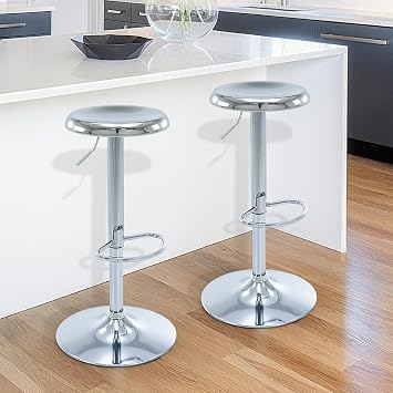 Brage Living Bar Stools Set of 2, Adjustable Height Swivel Bar Stools, Metal Airlift Barstools, Backless Counter Height Bar Chairs for Kitchen Dining Room Pub Cafe Silver