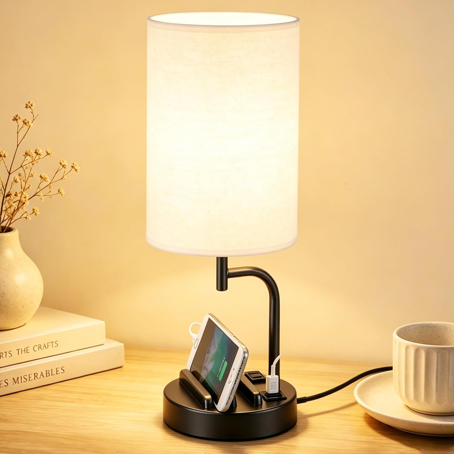 Dreamholder Touch Control USB Table Lamp with USB C/A & AC Outlet, 3-Way Dimmable Bedside Lamp, Modern Nightstand Lamps for Bedroom Living Room Guest Room Office, Bulb Included, Black