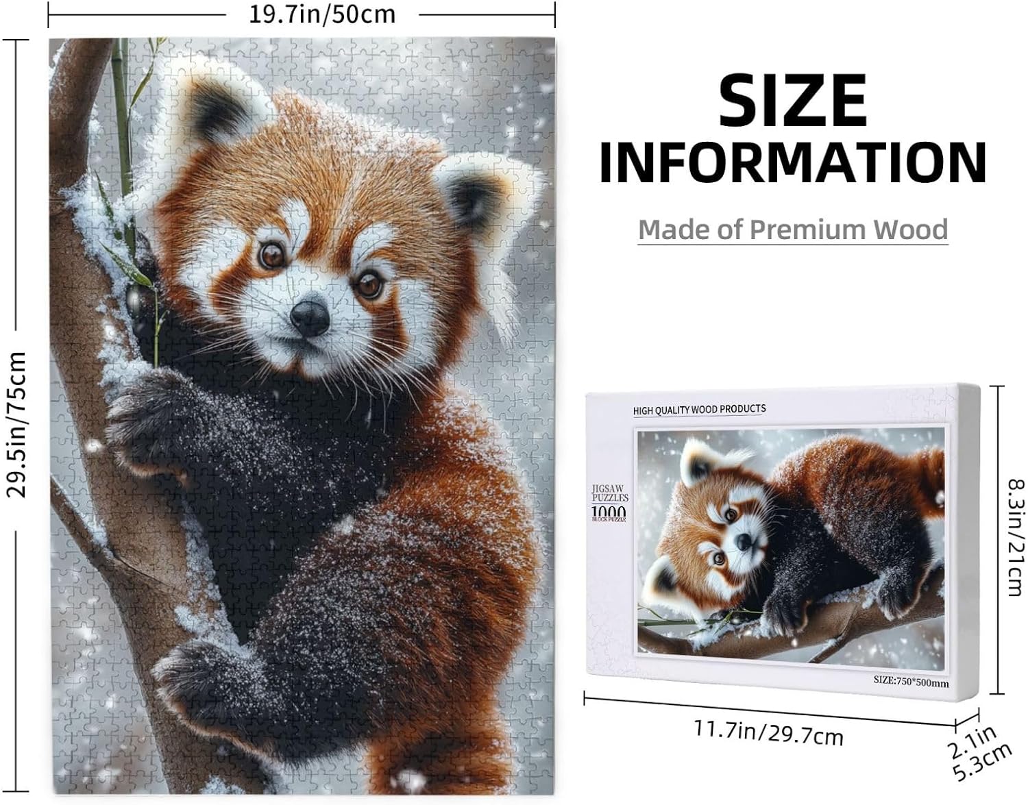 Red Panda Wooden Jigsaw Puzzle 1000 Pcs，Red Panda Clinging to Snow-Covered Tree, Bamboo Branches & Falling Snow，Adult Jigsaw，Brainstorming for Stress Relief，Exercise Hands-On Skills
