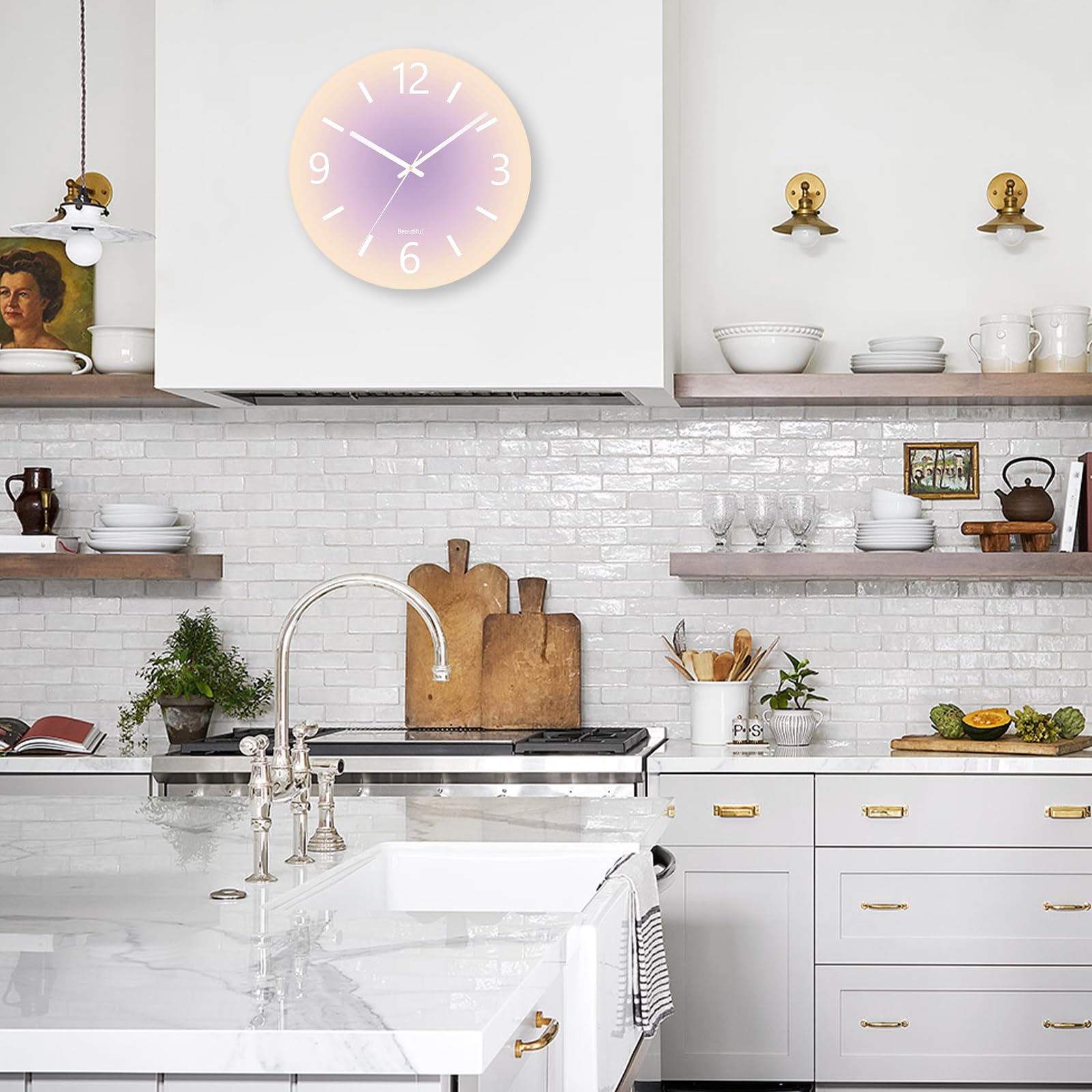 Grande horloge murale en verre trempé, horloge décorative ronde moderne pour cuisine/salle de bain/salon, 35,6 cm, style simple, horloge analogique d'extérieur à piles pour terrasse, porche