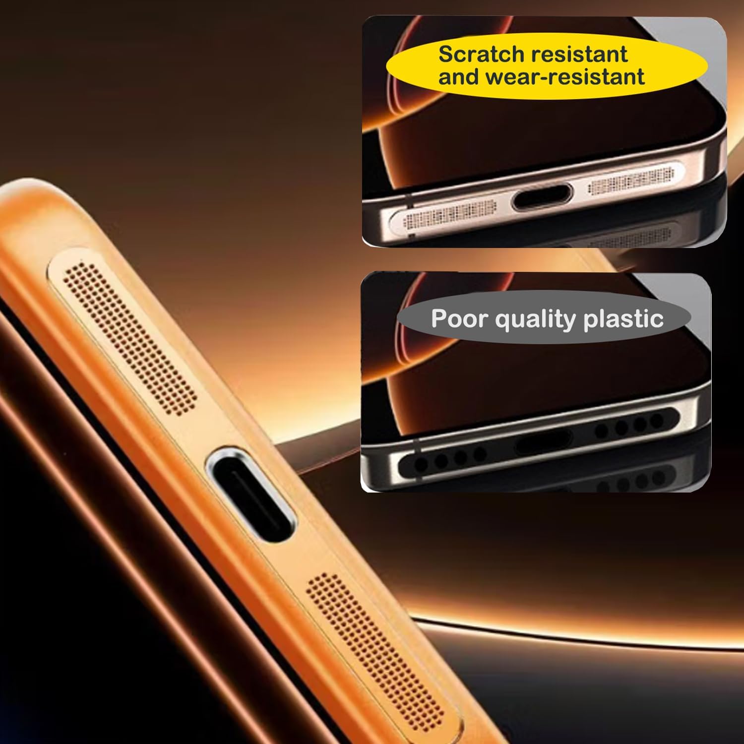 [2-Pack] Metal Phone Anti-Lost Dust Plug, Type-C Cover Cap, Metal Mesh Speaker Dust Cover, Cell Phone Cleaning Kit with Brush Port Plug Set Accessories for iPhone17 Pro/Pro Max (Orange 17 Max)