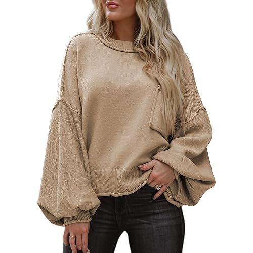 Dokotoo Women's Lantern Sweater 2023 Fall Winter Long Sleeve Casual Cropped Tops Ribbed Hem Knitwear Pullover