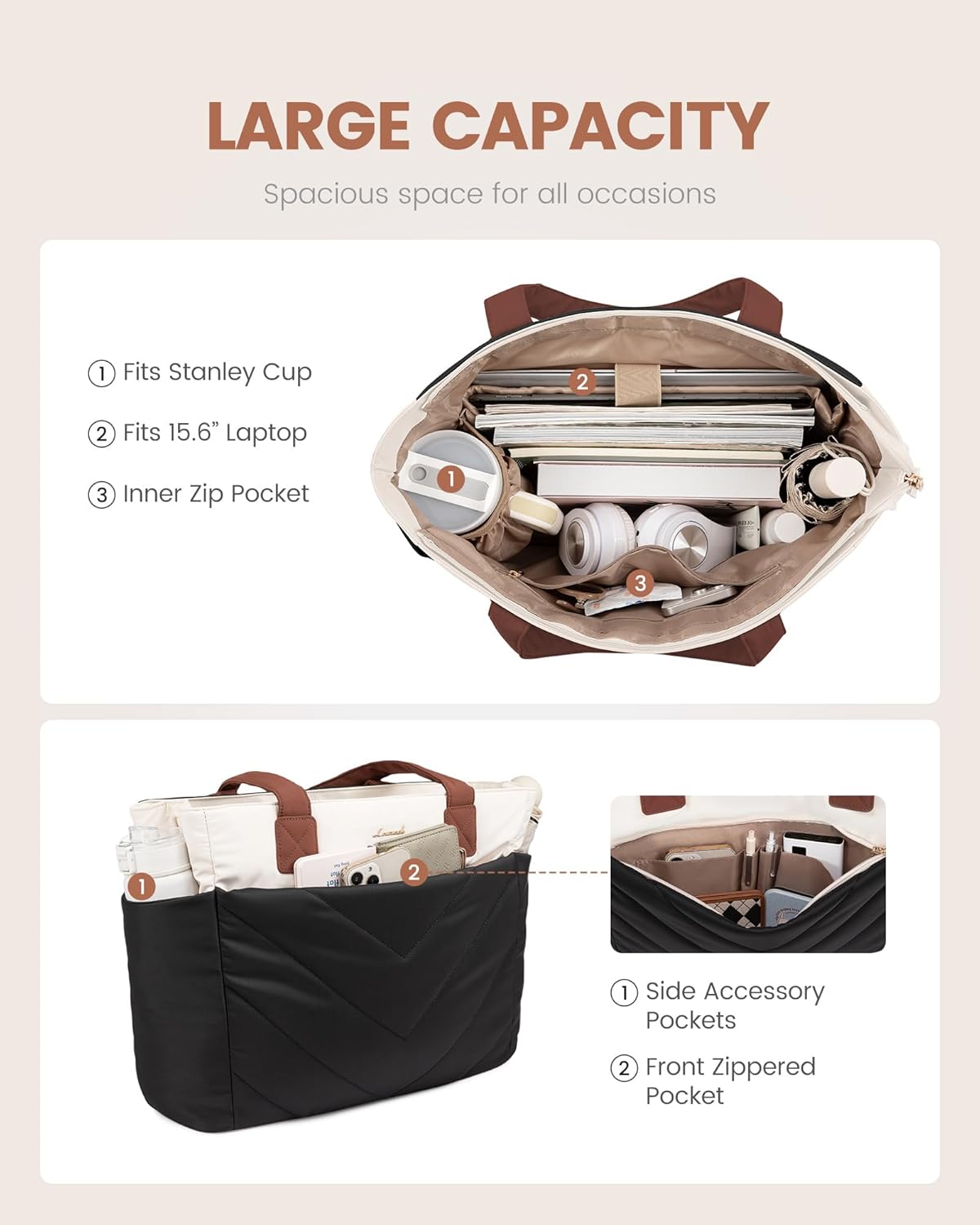 LOVEVOOK Tote Bag for Women, Puffer Work Travel Handbag with Zipper for Teacher Nurse, Quilted Cute Laptop Shoulder Gym Bag