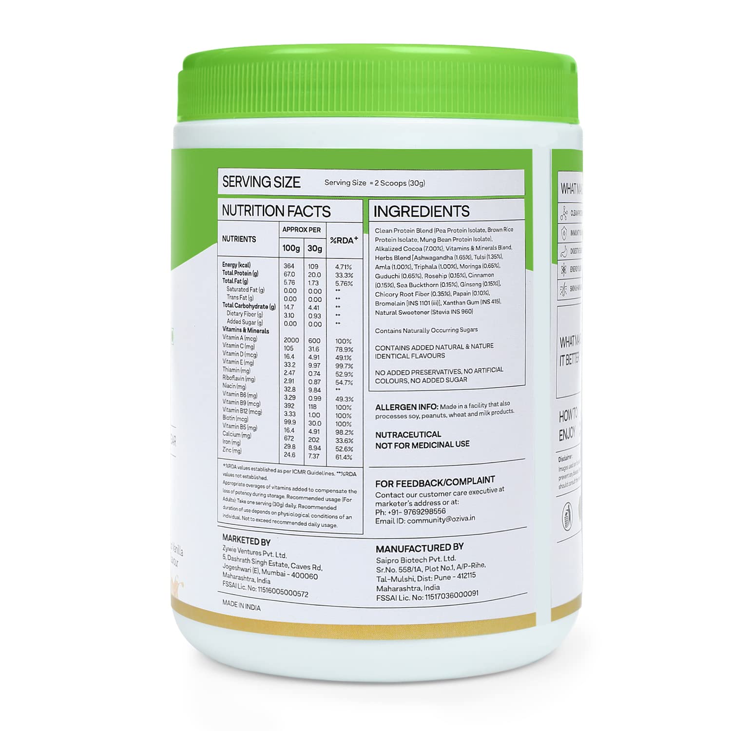 Buy OZiva Superfood Plant Protein, Coco Vanilla 250g 20g Complete