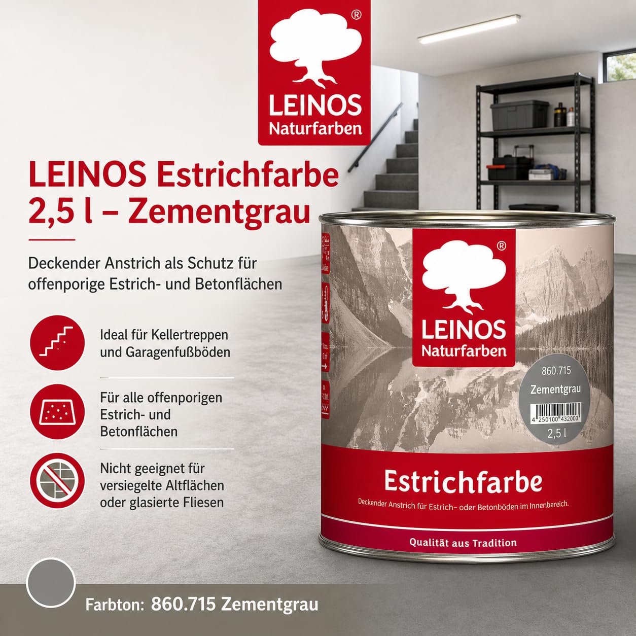 Leinos Naturfarben Estrichfarbe 860 | 2,5 Liter | für innen | Schutz & Farbgebung für offenporige Estrich- & Betonflächen | abriebfest, wasserabweisend | Anthrazitgrau (2,5 Liter Zementgrau)