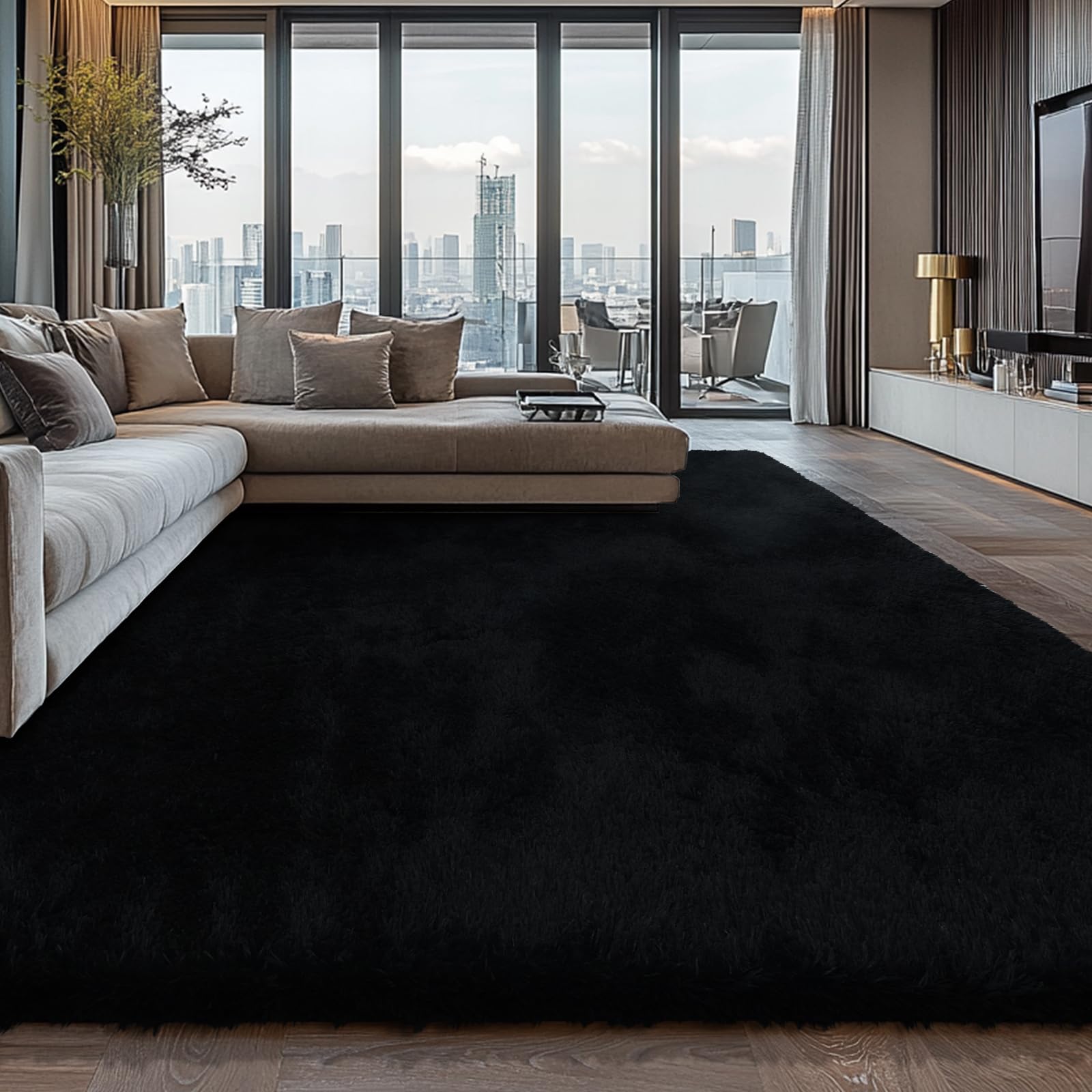 Photo 1 of 10X14 Large Shag Area Rugs for Living Room Bedroom,Big Soft Black Fluffy Rug for Bedroom Dorm, Indoor Carpet Nursery Rugs for Kids Girls Room Home Decor,Black