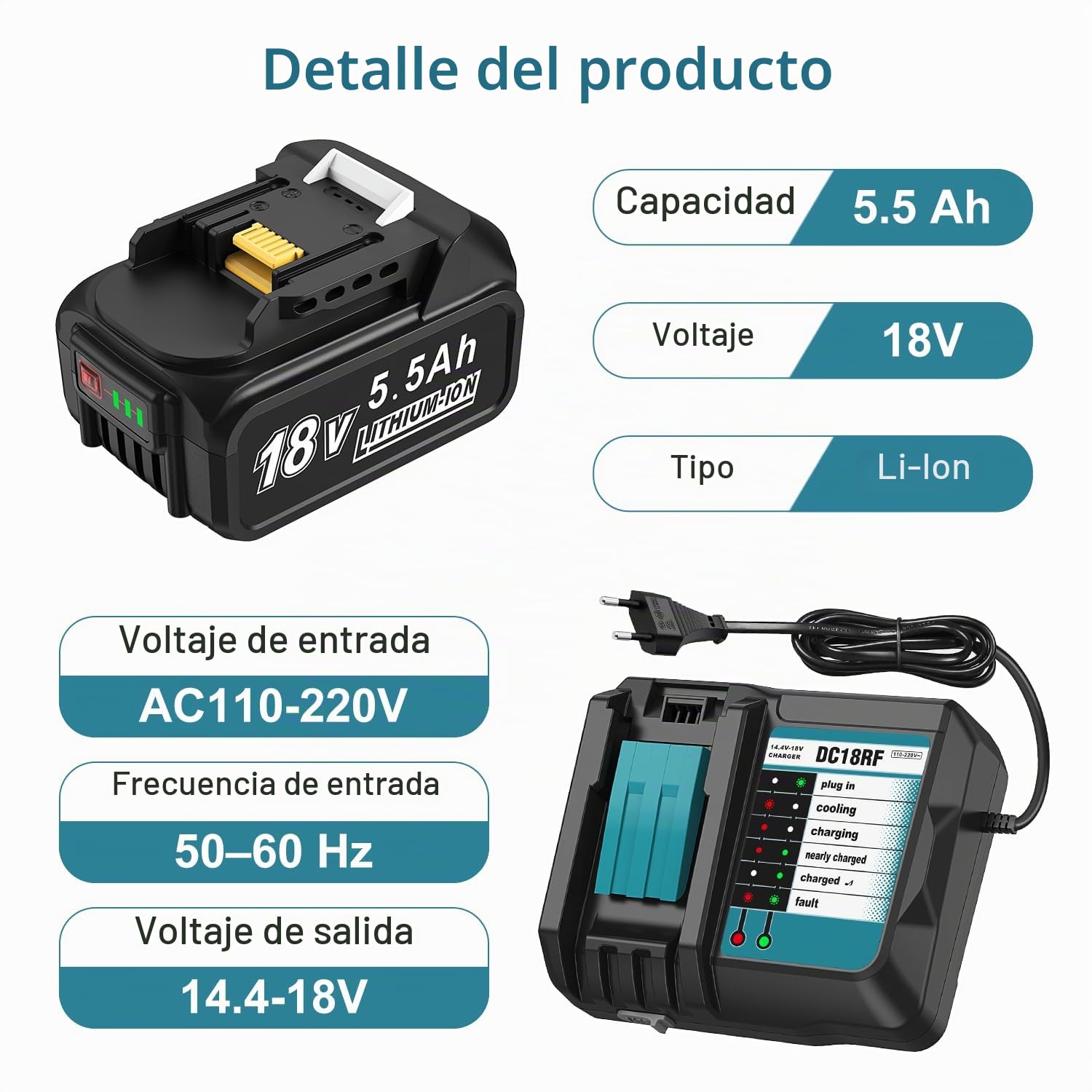 Juego de cargador DC18RF con batería de 18 V 5,0 Ah para Makita BL1860B BL1860 BL1850 BL1840 con indicador de carga LED
