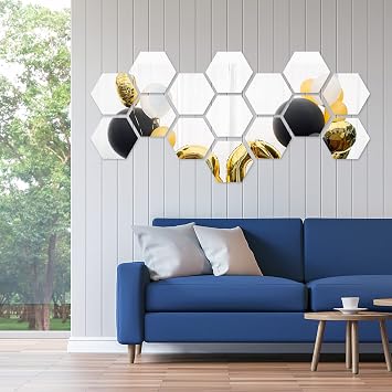 Shappy 32 Pcs Hexagon Mirror Wall Stickers Removable Silver Acrylic Mirror Stickers Honeycomb Decals for DIY Home Art Bedroom Living Room Wall Decoration15 x 13.3 x 7.5 cm