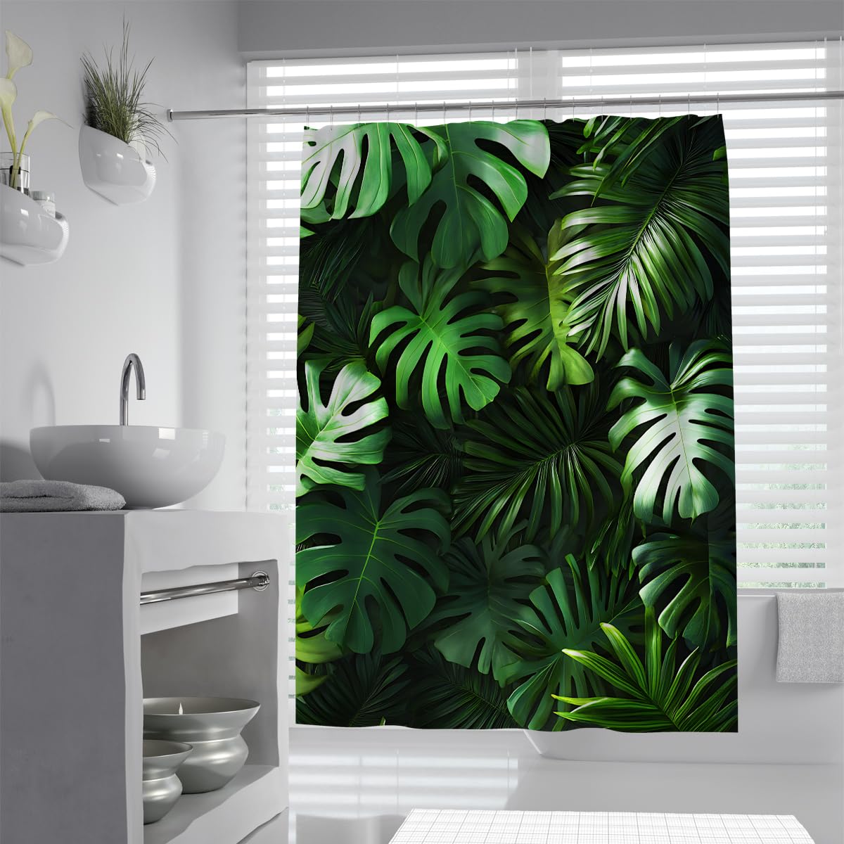 UIRINGART Tropical Green Monstera Palm Leaves Shower Curtain W180xL180cm Dark Jungle Botanical Plant Fabric Mildew Resistant Water Repellent Bathroom Screen Rustproof Grommets