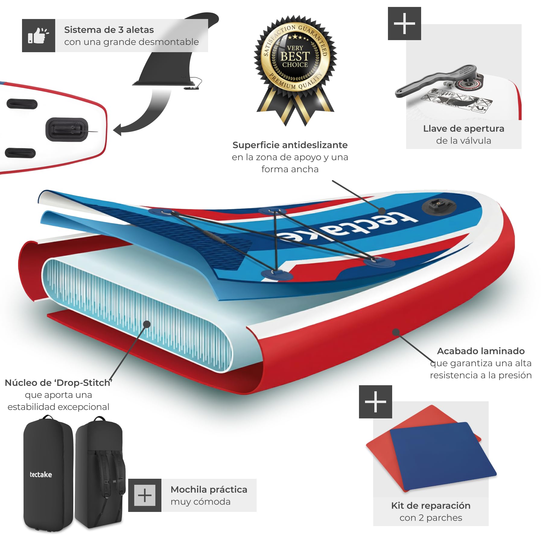 tectake® Tabla Paddle Surf Hinchable, 200 kg, Asiento Kayak, Soporte Cámara | Asiento de Kayak, Capacidad 200 kg, Antideslizante, Drop-Stitch, 288 cm, Resistente, Ligero, Remo Ajustable, SUP, Rojo/Azul