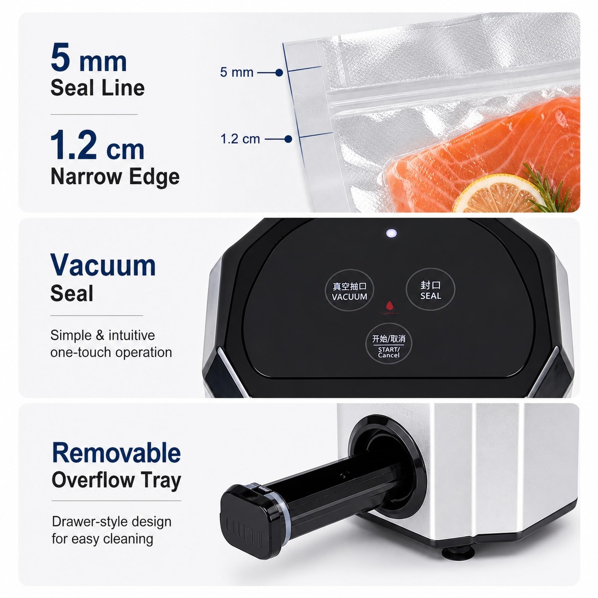 Food Vacuum Sealer Machine, 60 kPa Vertical Roller Seal | Silver Countertop Design, Food Storage Bags, Vacuum And Seal Modes, External Tube, 5 mm Seal Line(Black)