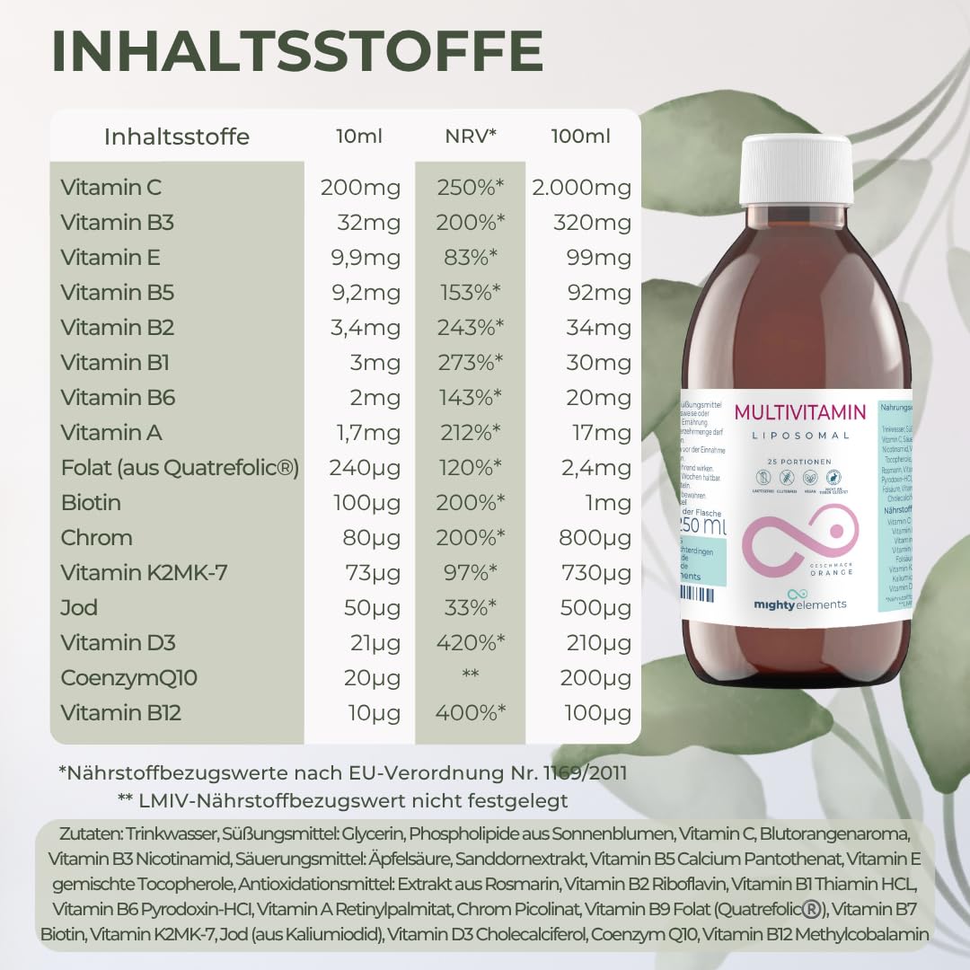 Mighty Elements Liposomales Multivitamin 250ml Vitamin C 200mg Vegan | 16 Vitamine & Mineralstoffe, B-Komplex, D3, K2 (MK-7), Folat, Biotin, 25 Portionen, Blutorange, Made in Germany