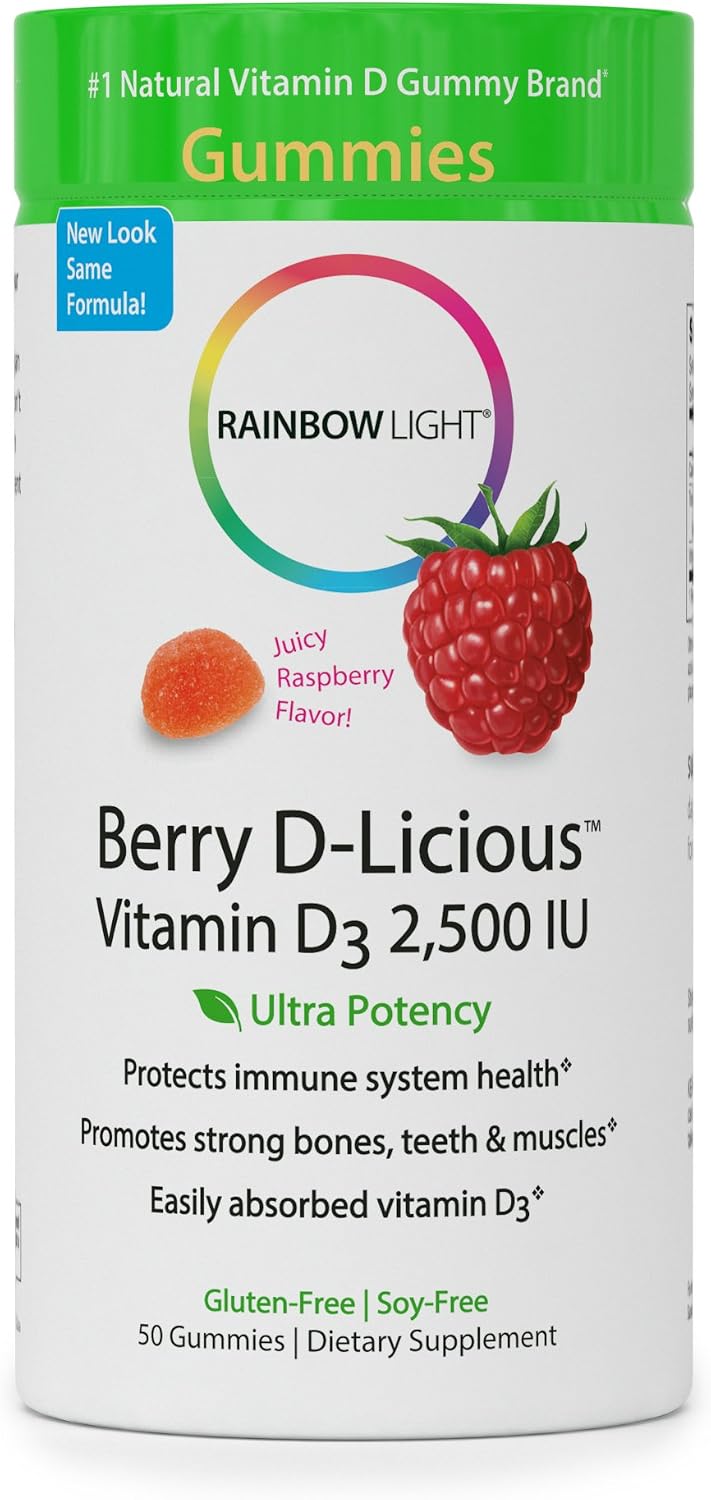 Rainbow Light - Berry D-Licious 2,500 IU Vitamin D3 Gummy - Ultra Potency Vitamin D Supplement Supports Bone and Muscle Strength, Calcium Absorption, and Circulatory Health; Gluten-Free - 50 Count