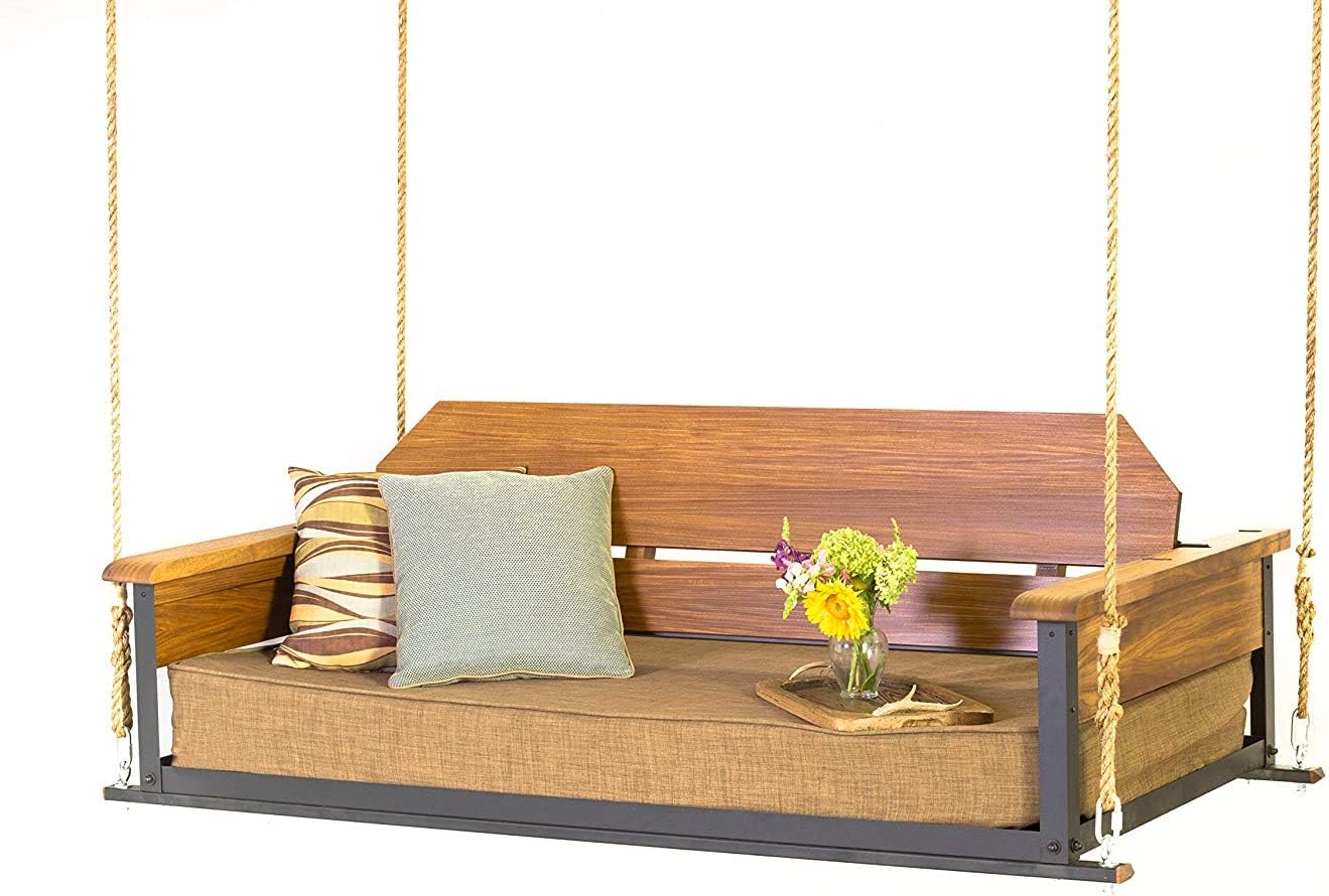 AD Planet Solid Wood 2 Seater Rope Swing Chair | Wooden Hammock Swing Sofa with Rope & Complete Accessories for Living Room, Indoor, Outdoor, Balcony & Garden | House Big Swings Jhula | Golden Brown