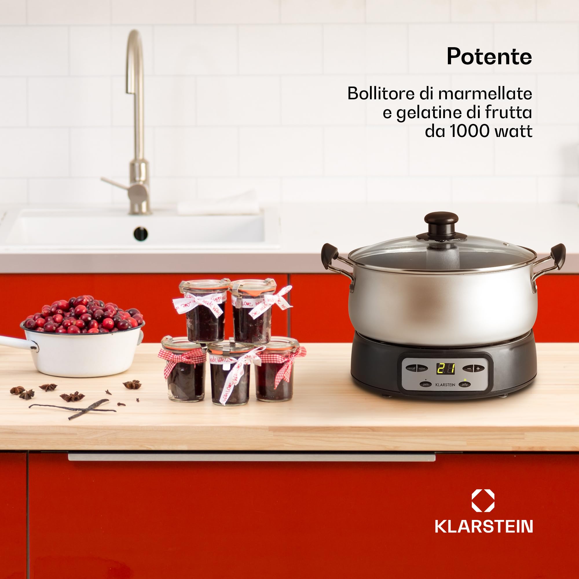 KLARSTEIN Jam Session - Bollitore per Marmellata e Gelatina, 1000W, 2 Programmi Automatici, Tempo di Cottura Regolabile, Pentola interna Rivestita, Lavabile in Lavastoviglie, Volume 3 Litri