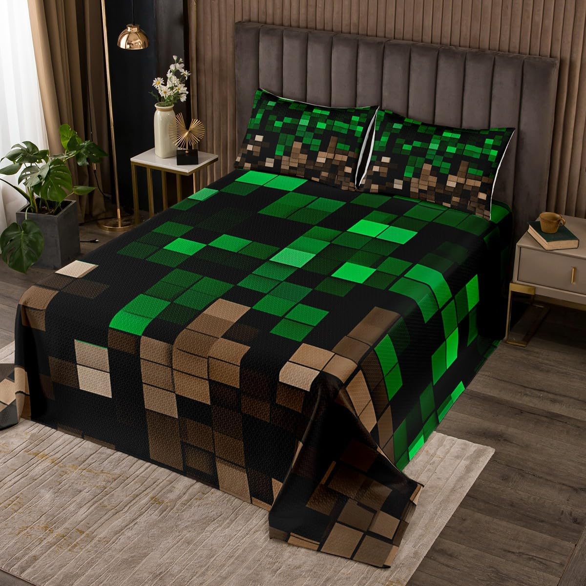 Manfei Pixelated Kids Bedspread Twin Size,Patchwork Grid Video Games Coverlet Set,Girls Boys Room Decor,Lattice Abstract Simple Quilted Coverlet,Dark Gray Bedding Quilt,1 Pillowcase