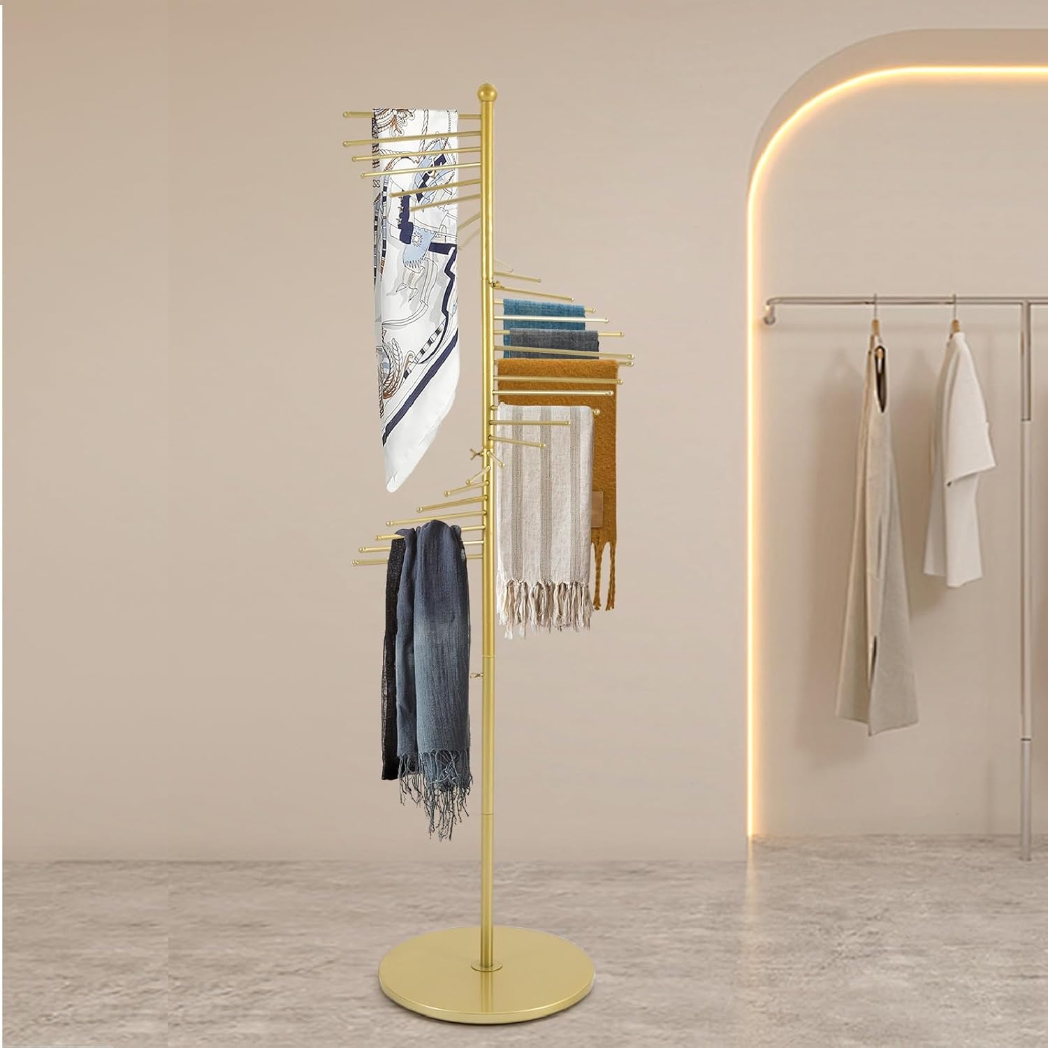 Gold Freestanding Scarf Display Rack Spiral Scarf Display Stand, Metal Scarf Racks Commercial Hijab Organizer Belt Pants Hanger for Clothing Store Home-17x67In