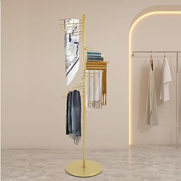 Gold Freestanding Scarf Display Rack Spiral Scarf Display Stand, Metal Scarf Racks Commercial Hijab Organizer Belt Pants Hanger for Clothing Store Home-17x67In