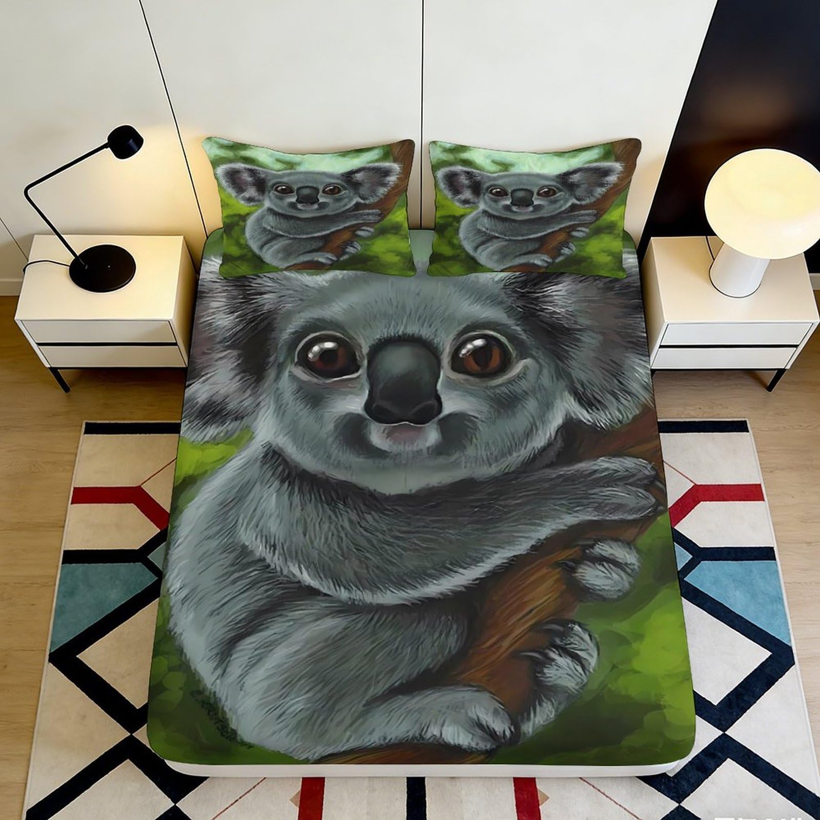 3D Printed Koala Forest Fitted Sheet Microfiber Soft Breathable Animal Tree Bed Cover for Bedroom Dorm Decor Mattress Protector 90x200x25cm