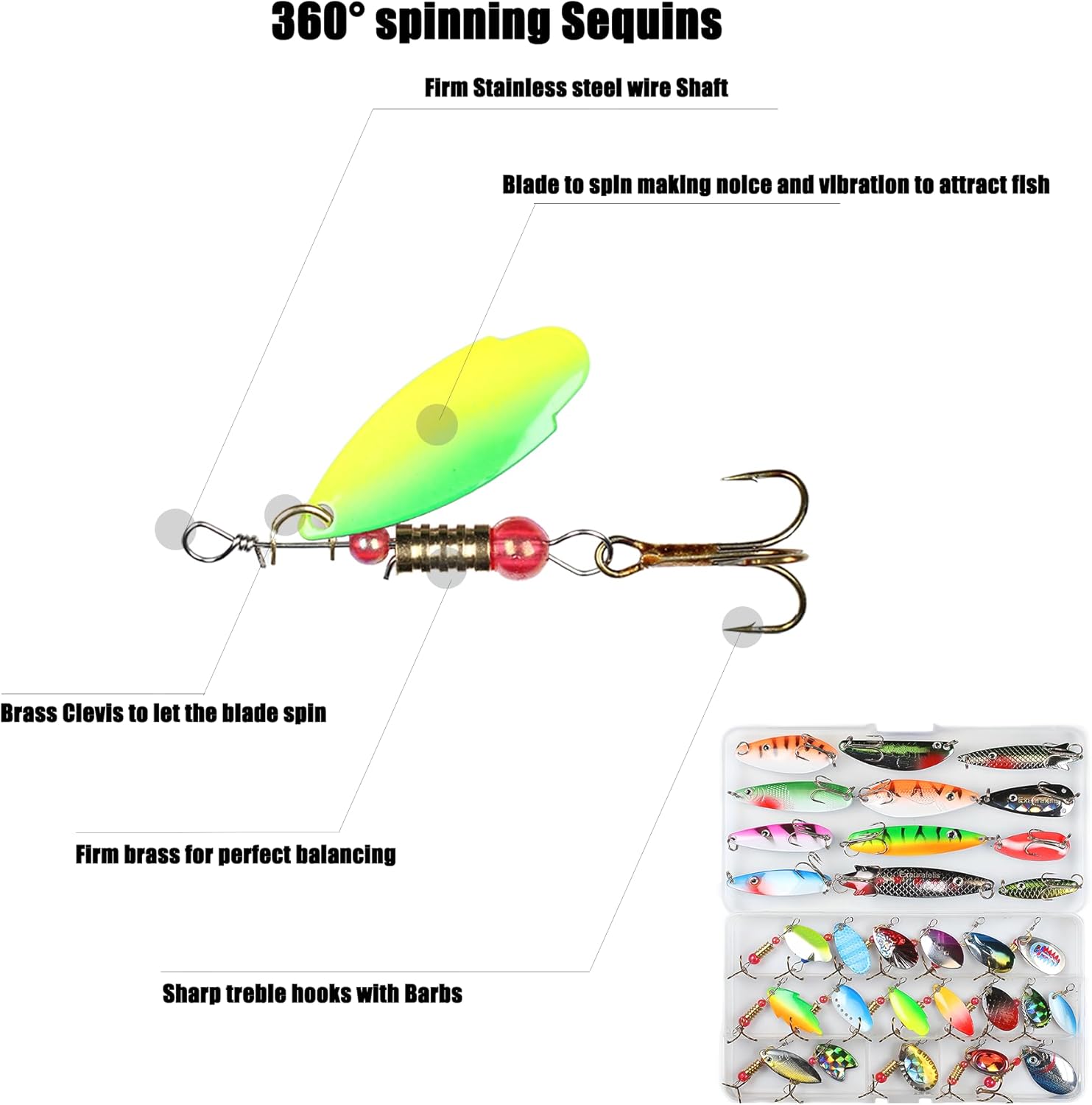 EXAURAFELIS 10/30pcs Fishing Lure Spinnerbait with Feathered Treble Hooks Rooster Tail Fishing Lures Spoon Lures for Bass Salmon Trout Spinner Baits with Tackle Box