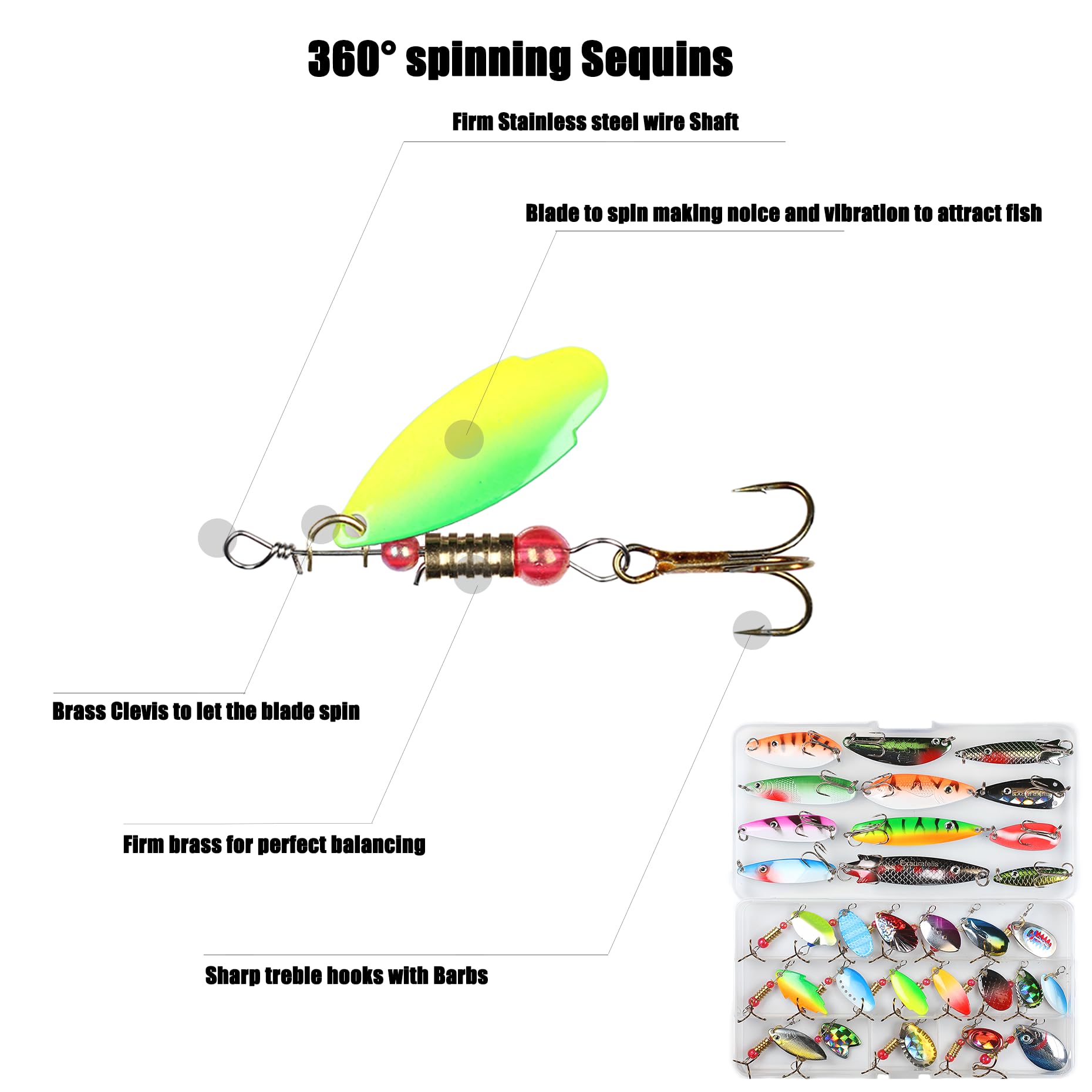 EXAURAFELIS 10/30pcs Esca da pesca Spinnerbait con Piuma Treble Ganci Coda di Gallo Esche da Pesca Cucchiaio Esche per spigola, Salmone, Trota Spinnerbait Esche con Tackle Box