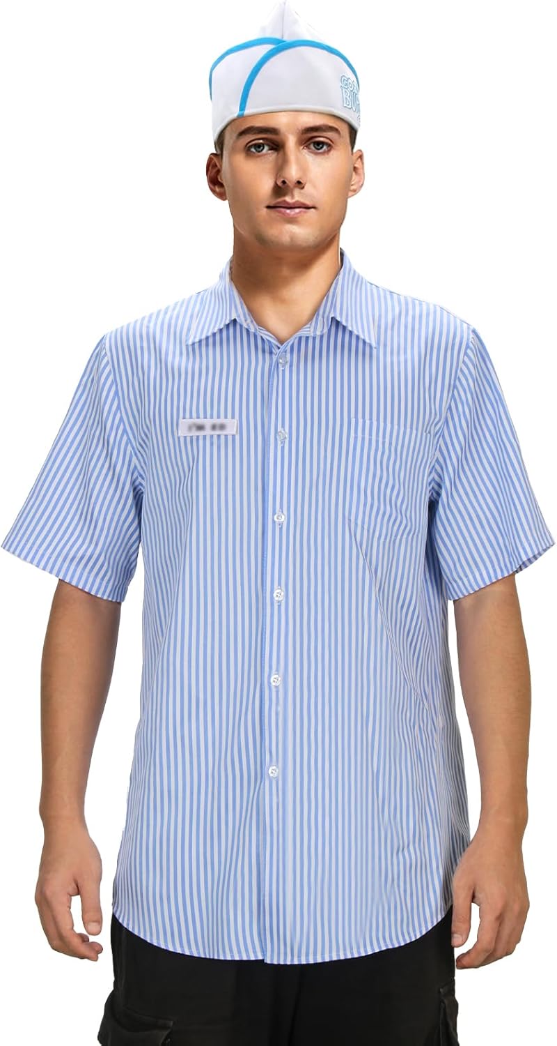 Men Burger Costume Striped Button Down Short Sleeve Shirt Chef Hat Outfit Movie Halloween Cosplay Set