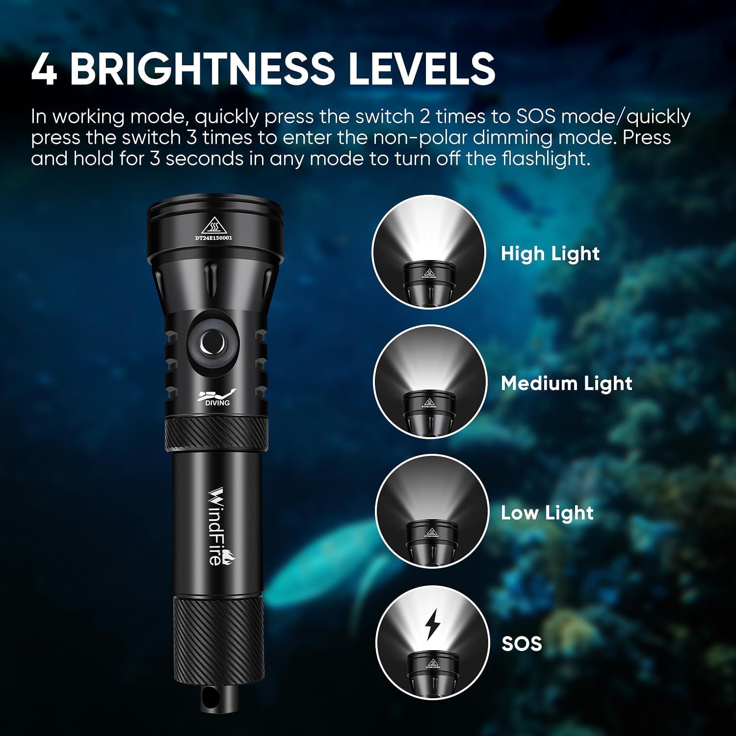 WINDFIRE Dive Lights Scuab Diving Flashlight Dive Headlamp, Waterproof Flashlight Underwater Lights Snorkeling Light Dive Torch, IPX8 Waterproof Scuba Light for Night Diving