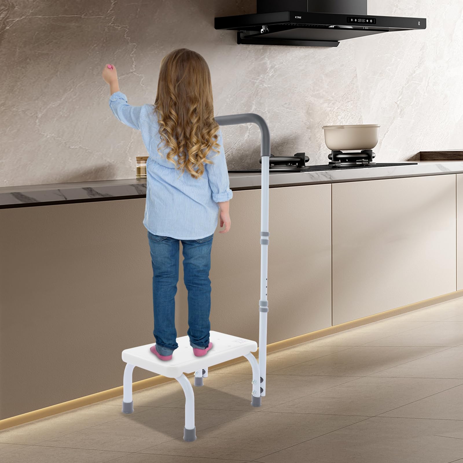Escalón de bañera con asa, escalera con mango regulable en altura, altura regulable de 5 marchas, antideslizante, taburete de hasta 136 kg, para cocina, bañera (blanco)