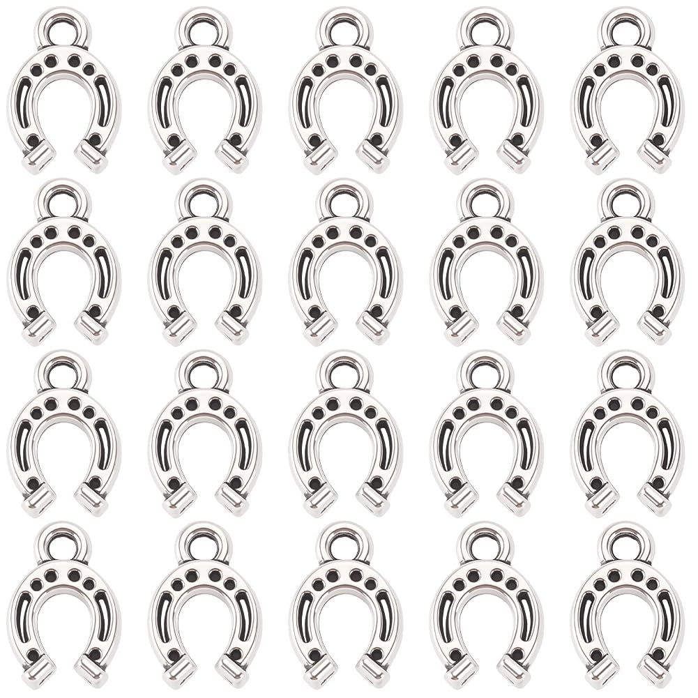 SUNNYCLUE 1 Box 100Pcs Horseshoe Charms Silver Mini Horse Shoes Charms Alloy Metal Vintage Tibetan Western luck Cowboy Pendants for Jewellery Making DIY Crafts Supplies Necklace Bracelet Earring