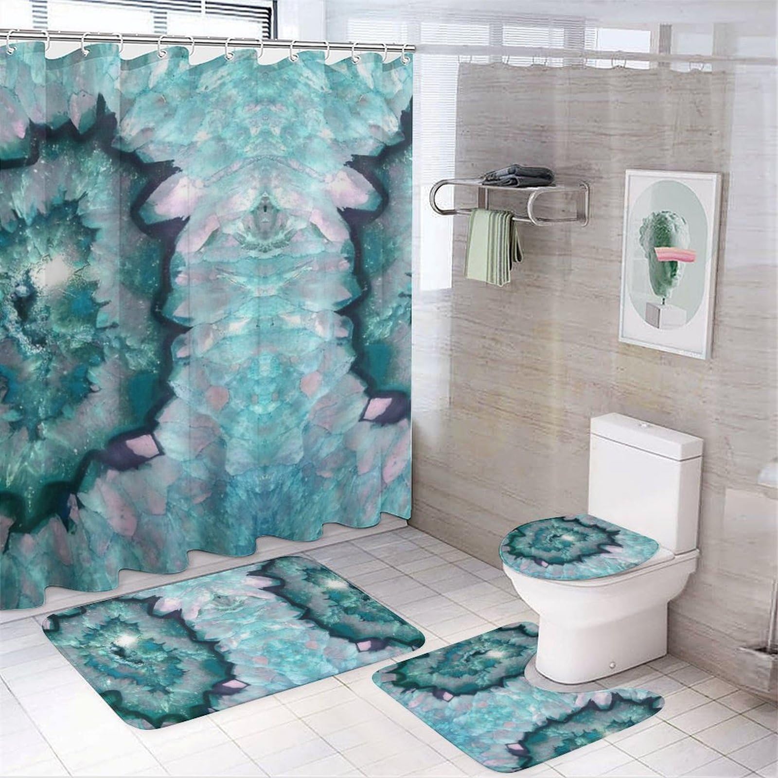 JZemdybill Bathroom Mat Set 4 Piece, Teal Agate Shower Curtain with Non-Slip Bath Mats for Bathroom