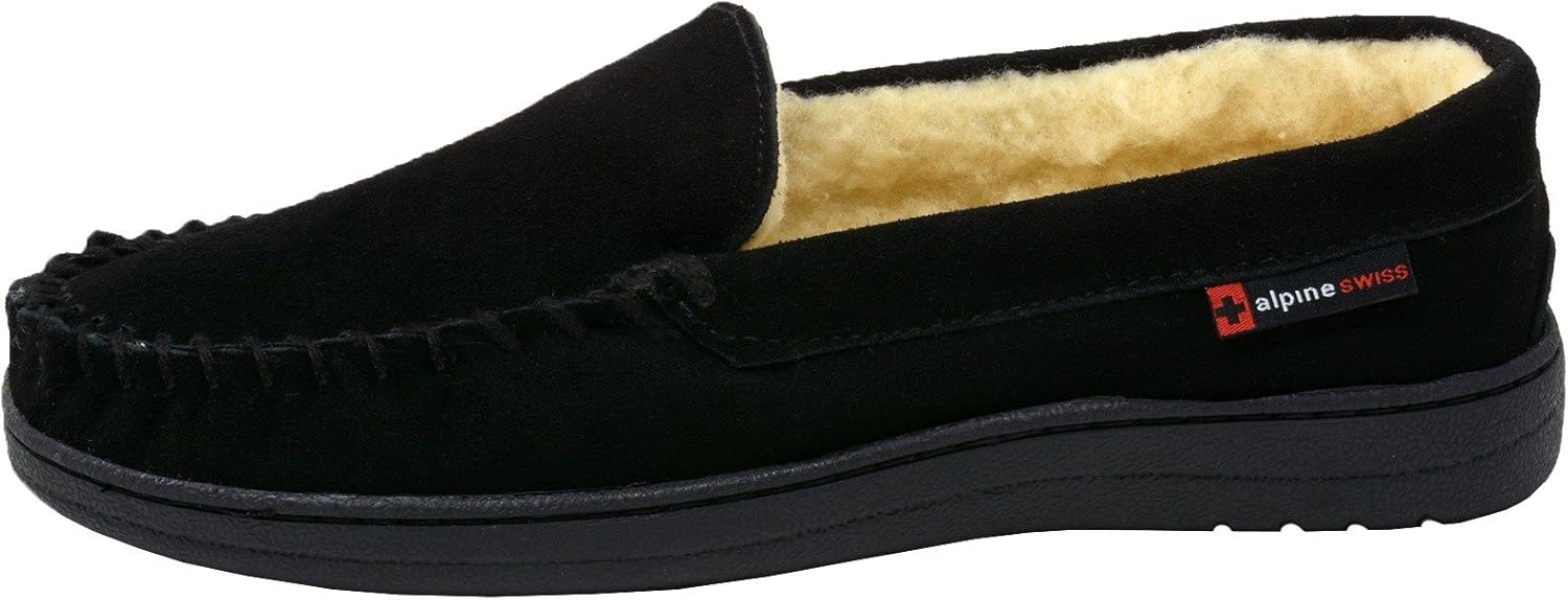 Alpine Swiss Men’s Moccasin Slippers Genuine Suede Slip-On House Shoes Memory Foam Insoles Plush Faux Shearling Lining Comfortable Indoor Outdoor Slipper with Anti-Slip Rubber Sole - Image 4