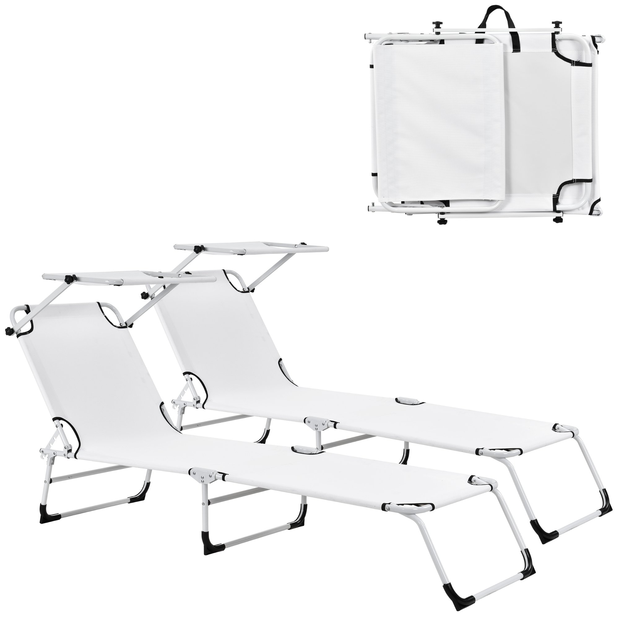 Set de 2 tumbonas Plegables 190cm Blancas con Parasol Hamaca de acero para Playa, jardín