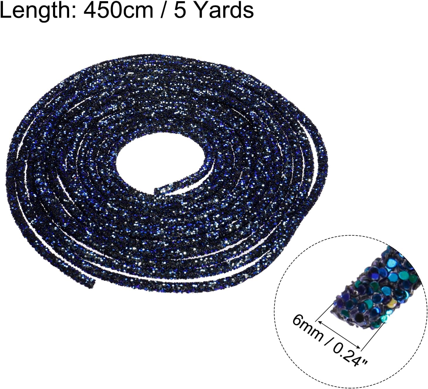 MECCANIXITY 5 Yard 6mm 0.24 inch Glitter Sequins Rope Sequins Rhinestone Tube Cord for DIY Wedding Dresses Costume Clothing Shoes Jewelry Accessory Glitter Black
