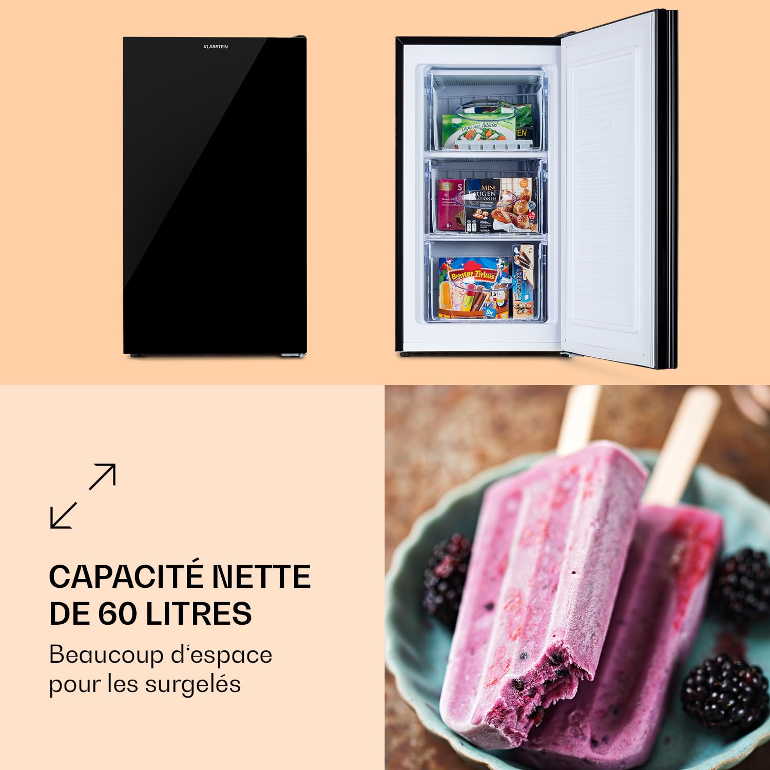 KLARSTEIN Pluto – congélateur 1 zone de refroidissement, thermostat à 5 niveaux, 0 à -18 ° C, avec façade en verre, pieds réglables en hauteur, silencieux, volume 60 litres - noir