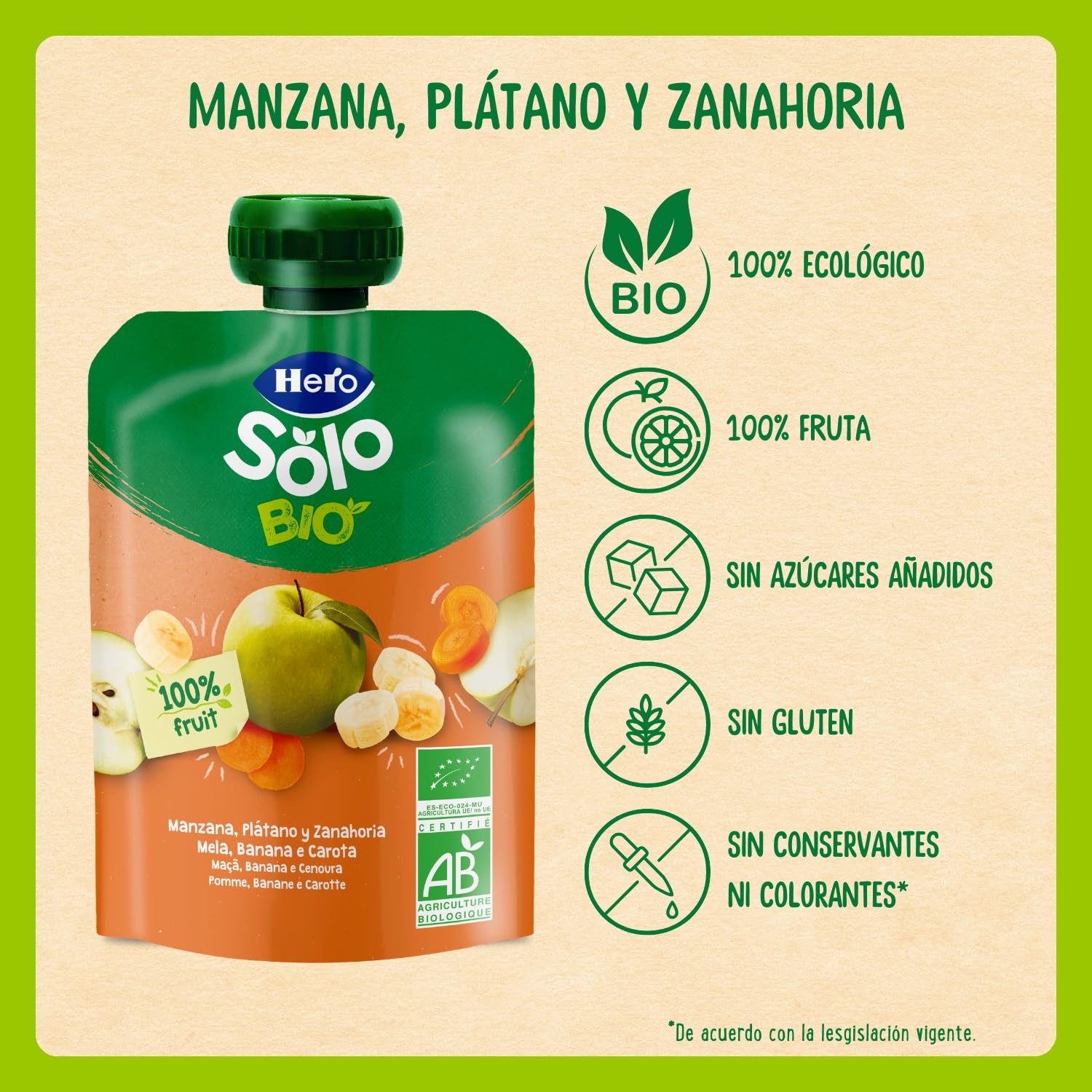 Hero Solo Caja Mixta de Bolsitas, 9 Bolsitas de Manzana, Plátano y Zanahoria y 9 Bolsitas de Plátano, Pera y Naranja, Sin Conservantes ni Colorantes, Partir de los 6 Meses, Pack de 18x100 gr